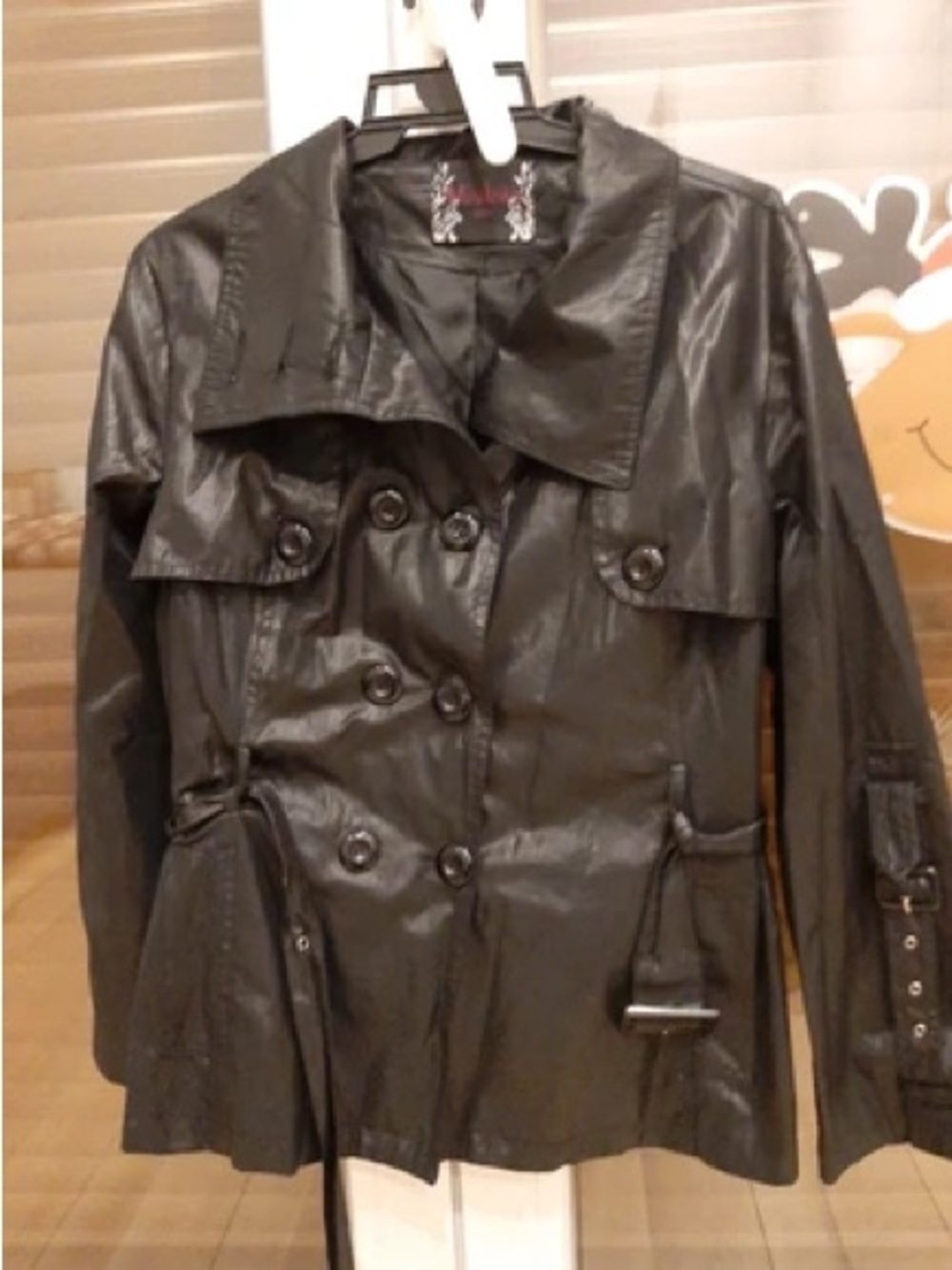 Woman’s Minoko Black Faux Leather Double-Breasted Trench Coat with Belt Detail